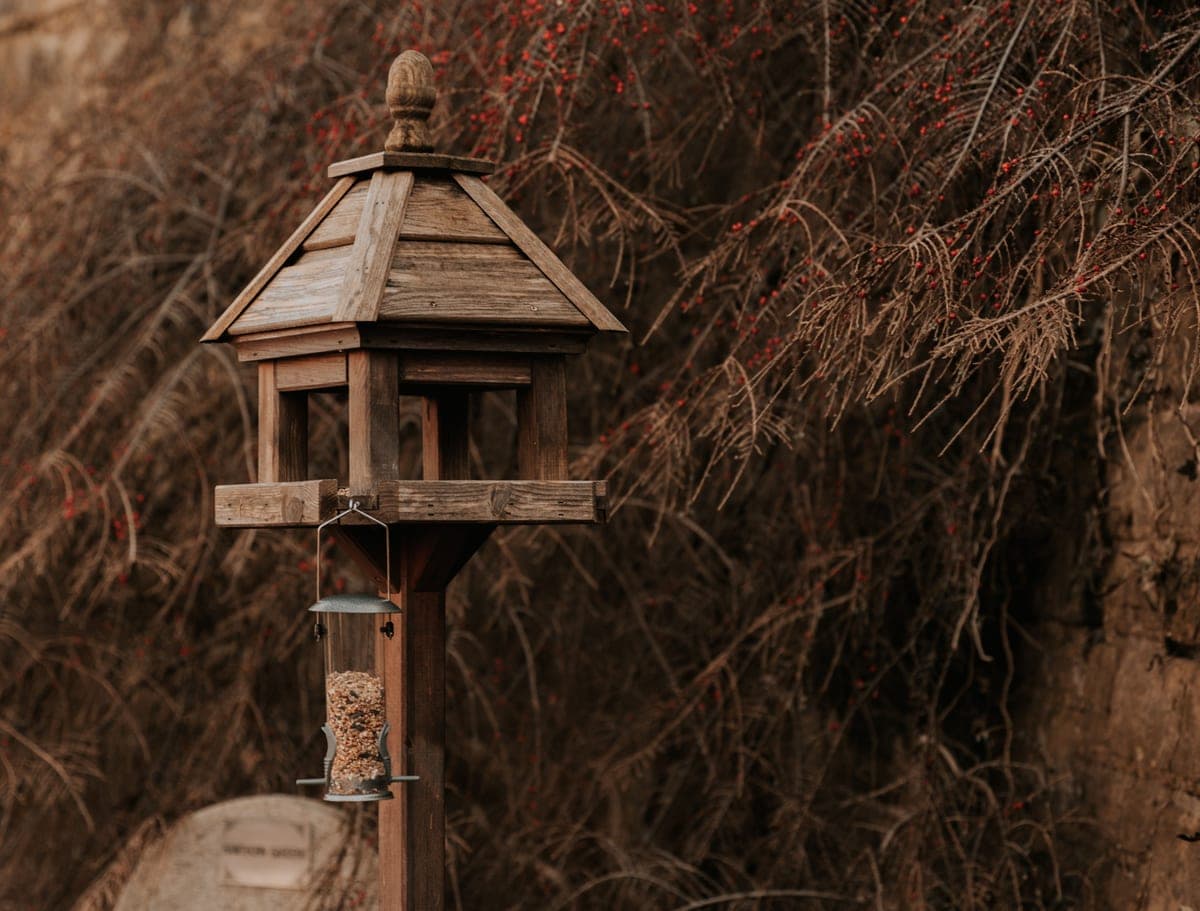A rustic wooden hopper-style bird feeder on a post